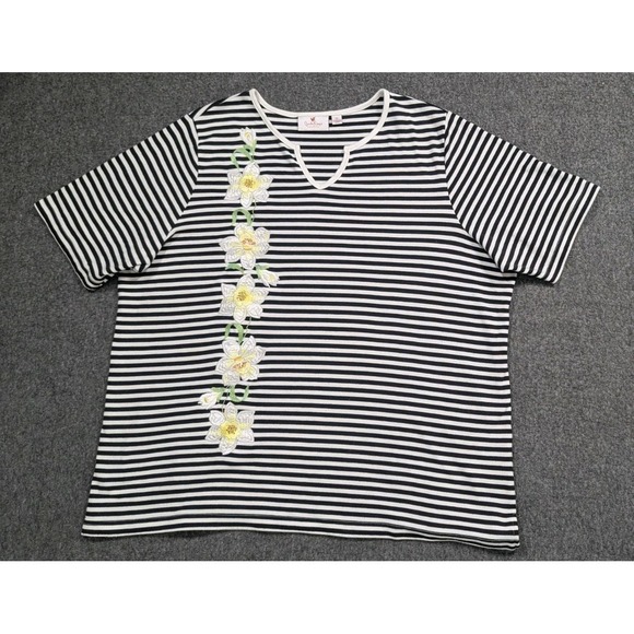The Quaker Factory Tops - Quaker Factory Shirt Womens 2X Black White‎ Stripe Coastal Granny Cottagecore
